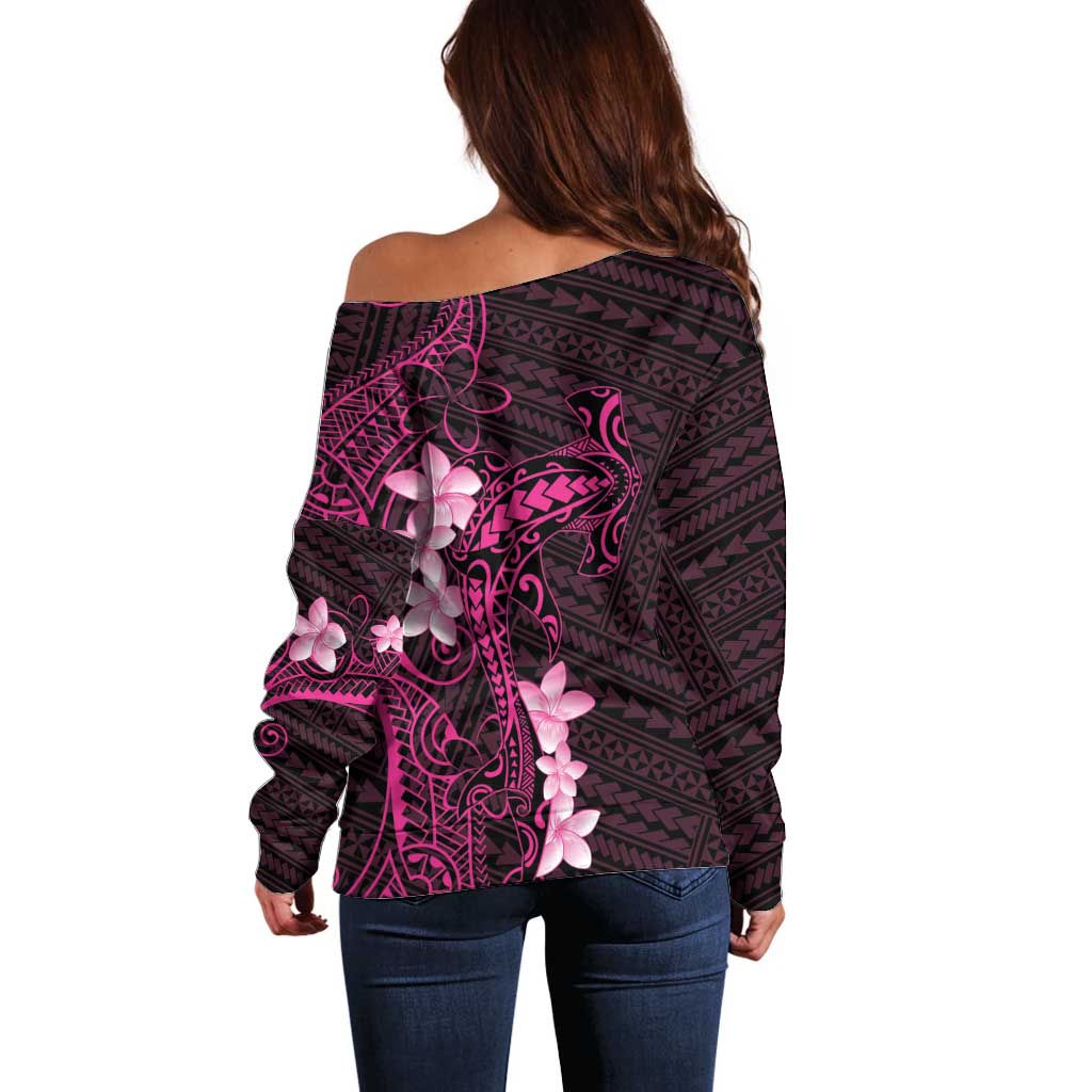 Pink Hawaii Off Shoulder Sweater Hammerhead Shark Tattoo Curve Polynesian - Polynesian Pride