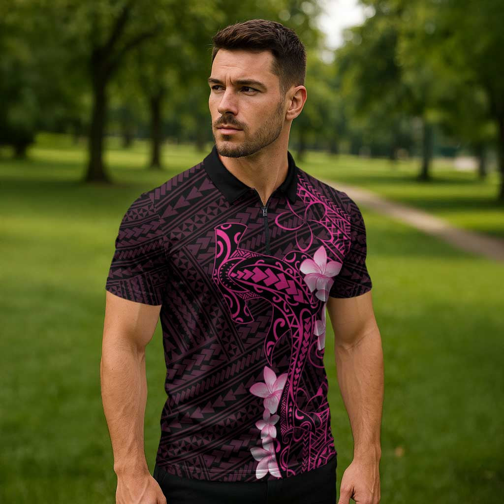 Pink Hawaii Zipper Polo Shirt Hammerhead Shark Tattoo Curve Polynesian - Polynesian Pride