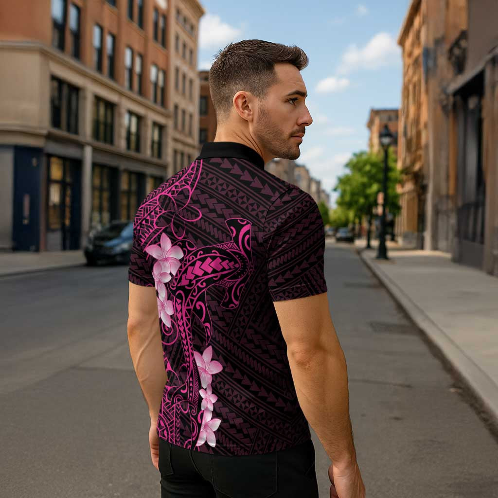 Pink Hawaii Zipper Polo Shirt Hammerhead Shark Tattoo Curve Polynesian - Polynesian Pride