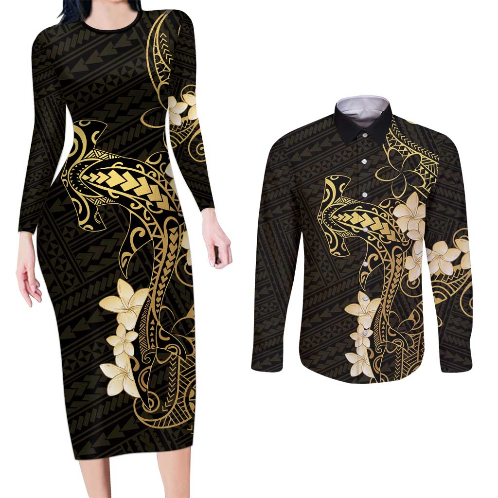 Black and Gold Hawaii Couples Matching Long Sleeve Bodycon Dress and Long Sleeve Button Shirt Hammerhead Shark Tattoo Curve Polynesian LT14 Black - Polynesian Pride