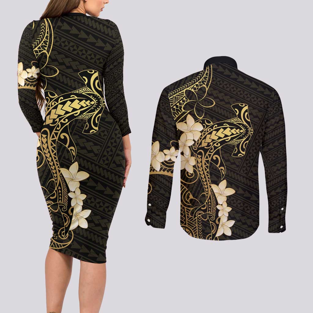 Black and Gold Hawaii Couples Matching Long Sleeve Bodycon Dress and Long Sleeve Button Shirt Hammerhead Shark Tattoo Curve Polynesian LT14 - Polynesian Pride