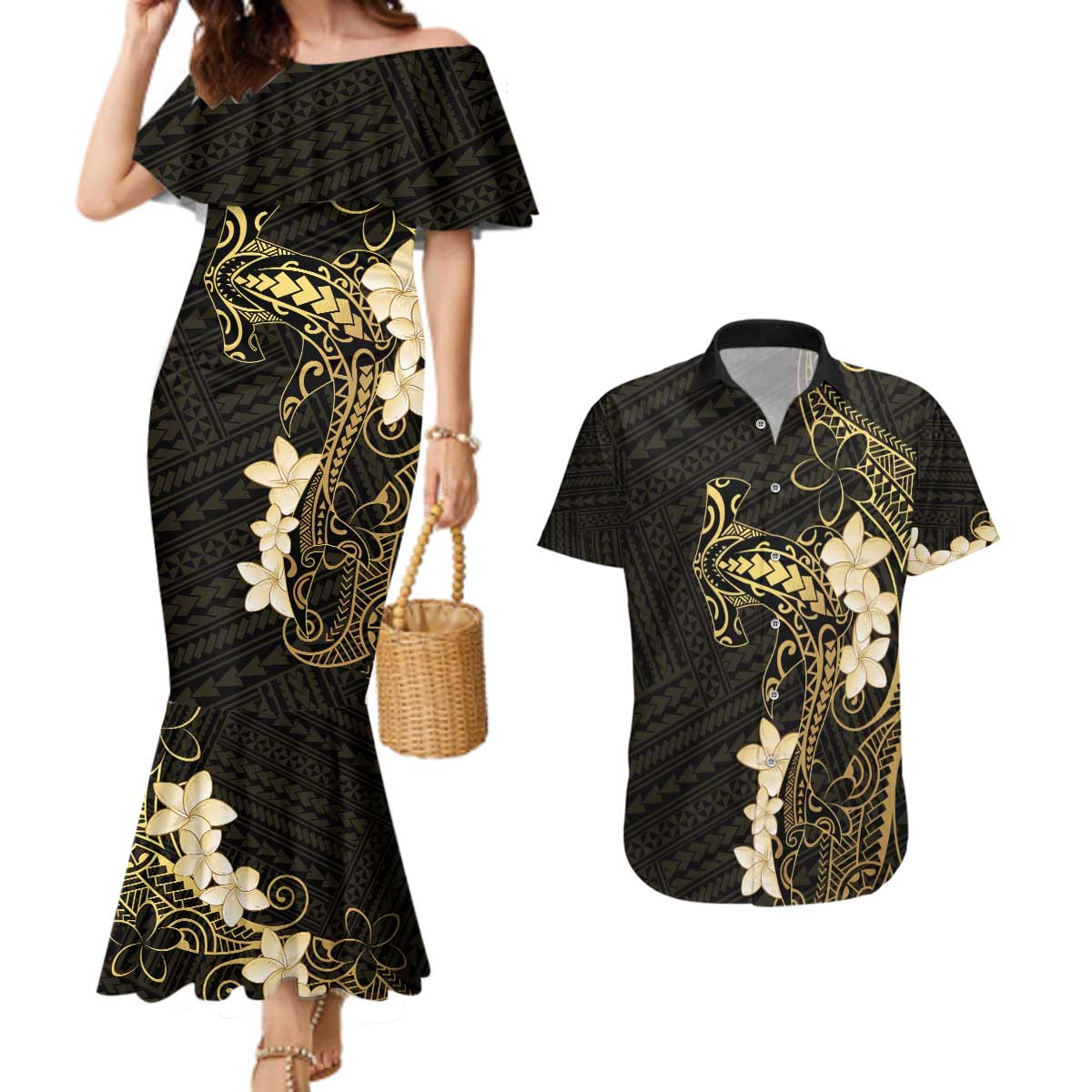 Black and Gold Hawaii Couples Matching Mermaid Dress and Hawaiian Shirt Hammerhead Shark Tattoo Curve Polynesian LT14 Black - Polynesian Pride