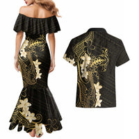 Black and Gold Hawaii Couples Matching Mermaid Dress and Hawaiian Shirt Hammerhead Shark Tattoo Curve Polynesian LT14 - Polynesian Pride