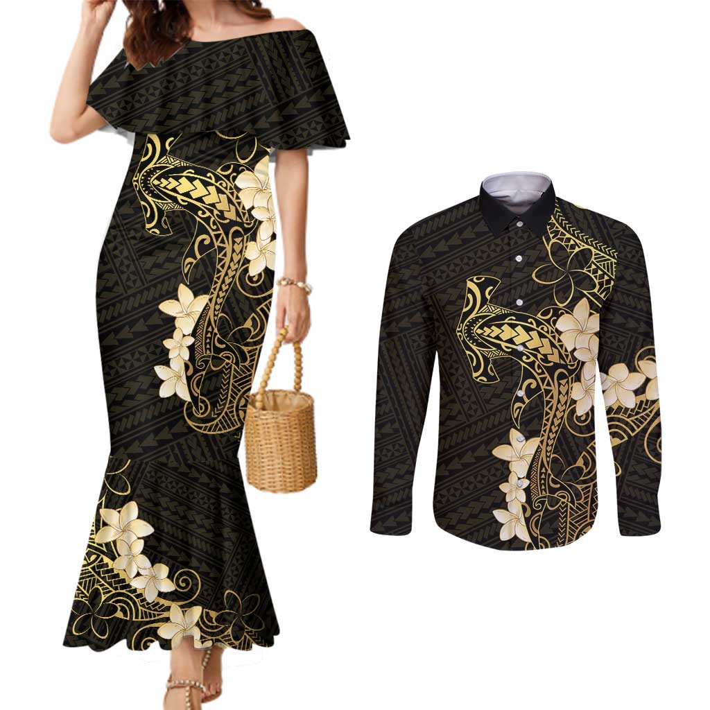 Black and Gold Hawaii Couples Matching Mermaid Dress and Long Sleeve Button Shirt Hammerhead Shark Tattoo Curve Polynesian LT14 Black - Polynesian Pride