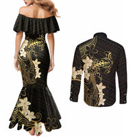 Black and Gold Hawaii Couples Matching Mermaid Dress and Long Sleeve Button Shirt Hammerhead Shark Tattoo Curve Polynesian LT14 - Polynesian Pride
