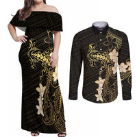 Black and Gold Hawaii Couples Matching Off Shoulder Maxi Dress and Long Sleeve Button Shirt Hammerhead Shark Tattoo Curve Polynesian LT14 Black - Polynesian Pride