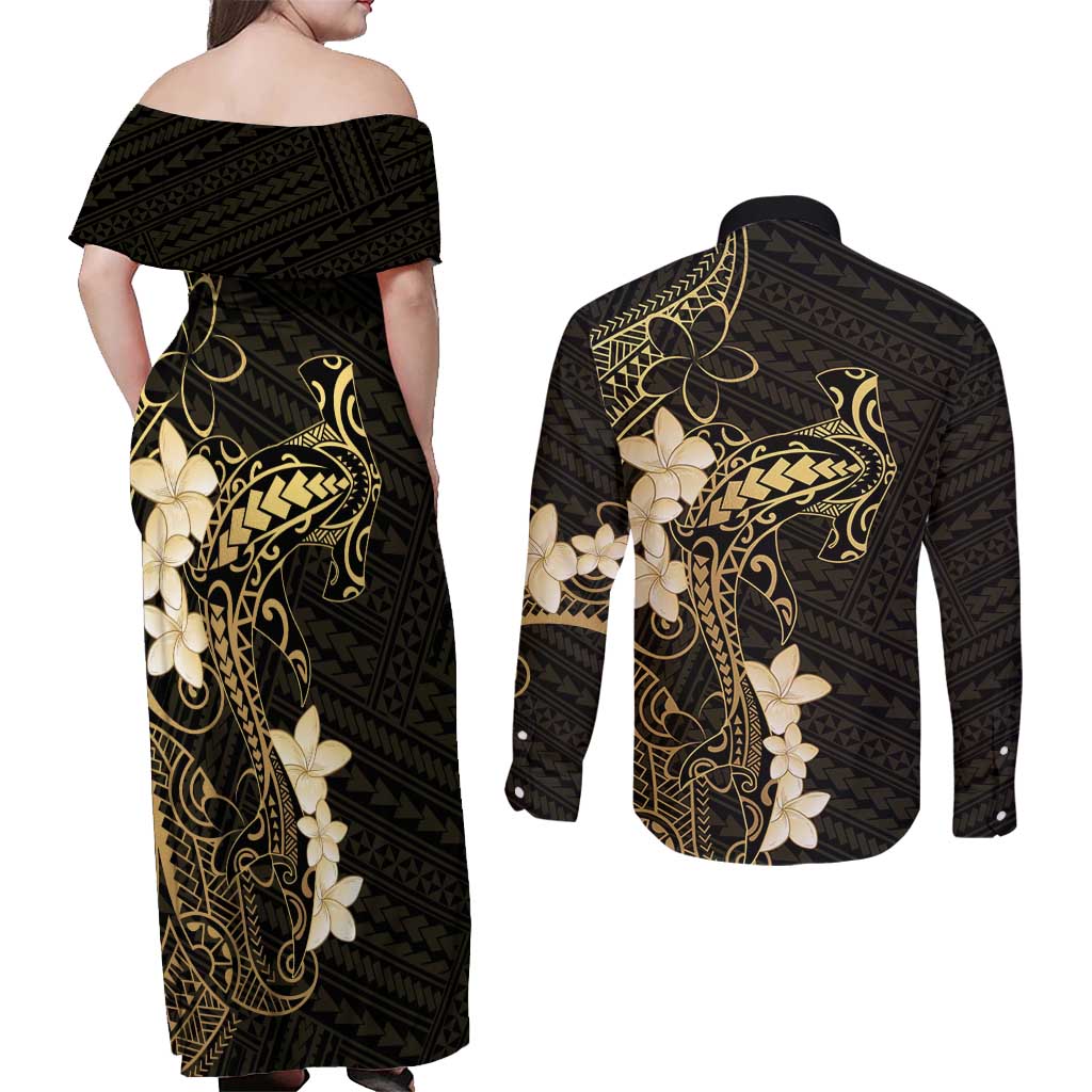 Black and Gold Hawaii Couples Matching Off Shoulder Maxi Dress and Long Sleeve Button Shirt Hammerhead Shark Tattoo Curve Polynesian LT14 - Polynesian Pride