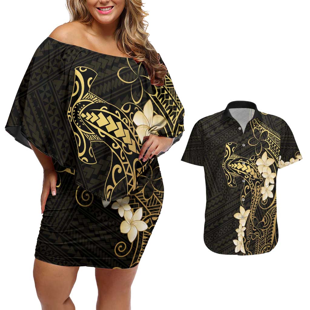 Black and Gold Hawaii Couples Matching Off Shoulder Short Dress and Hawaiian Shirt Hammerhead Shark Tattoo Curve Polynesian LT14 Black - Polynesian Pride
