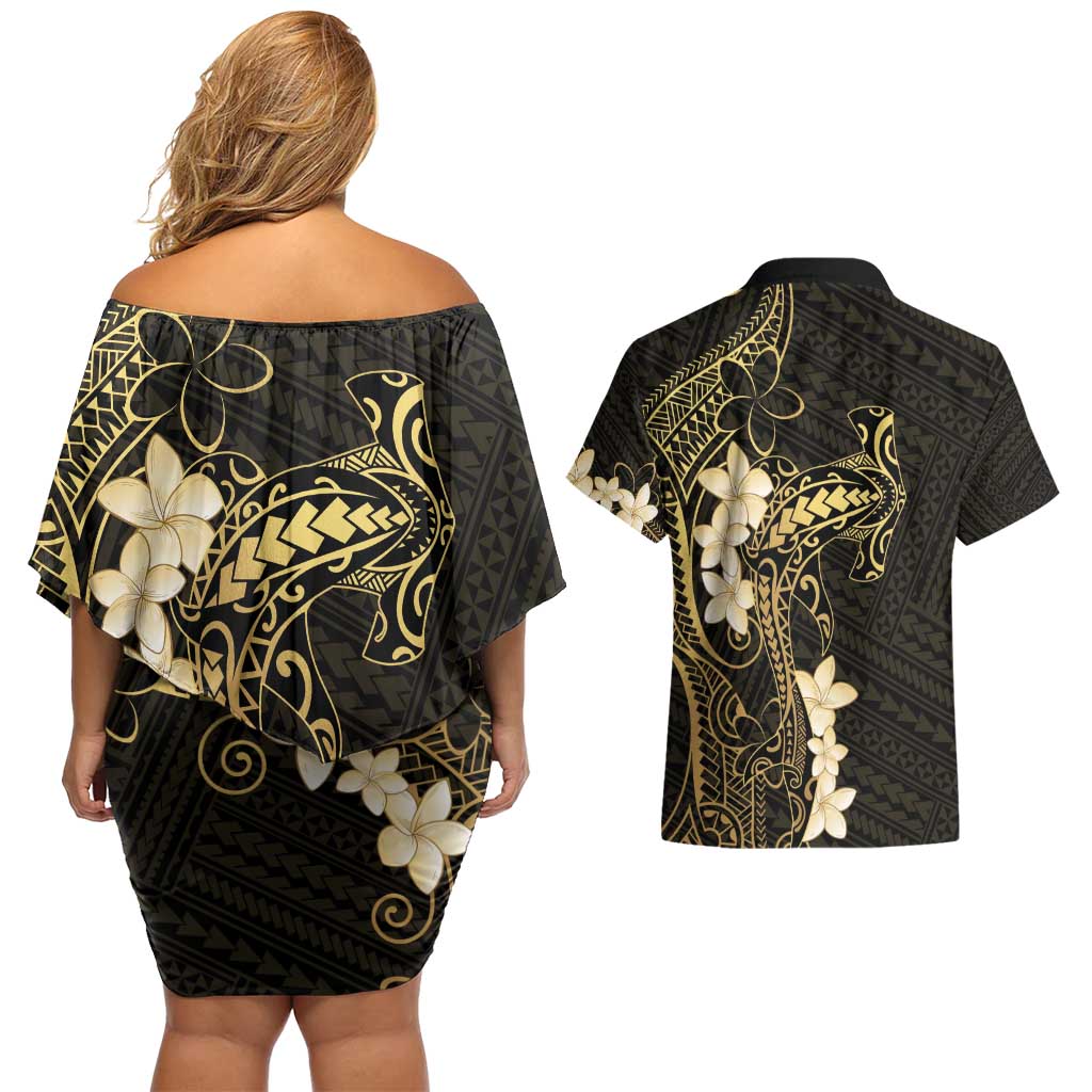 Black and Gold Hawaii Couples Matching Off Shoulder Short Dress and Hawaiian Shirt Hammerhead Shark Tattoo Curve Polynesian LT14 - Polynesian Pride