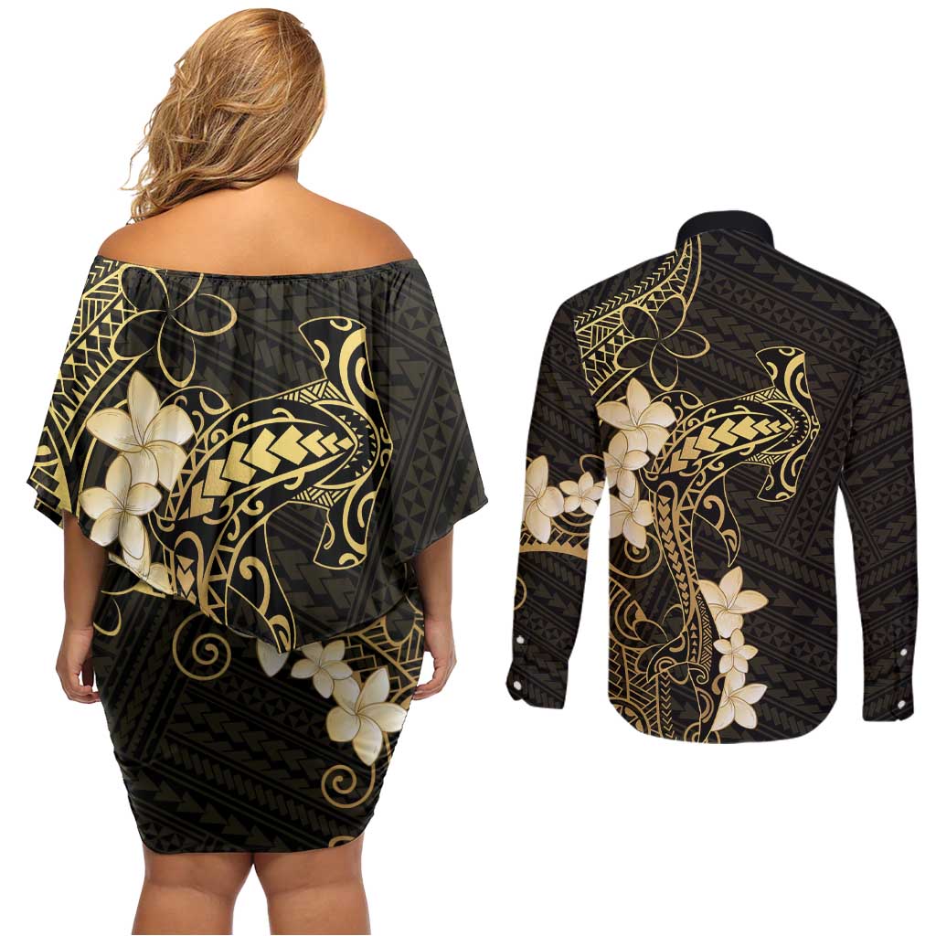 Black and Gold Hawaii Couples Matching Off Shoulder Short Dress and Long Sleeve Button Shirt Hammerhead Shark Tattoo Curve Polynesian LT14 - Polynesian Pride