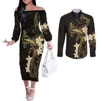 Black and Gold Hawaii Couples Matching Off The Shoulder Long Sleeve Dress and Long Sleeve Button Shirt Hammerhead Shark Tattoo Curve Polynesian LT14 Black - Polynesian Pride