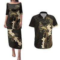Black and Gold Hawaii Couples Matching Puletasi and Hawaiian Shirt Hammerhead Shark Tattoo Curve Polynesian LT14 Black - Polynesian Pride