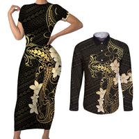 Black and Gold Hawaii Couples Matching Short Sleeve Bodycon Dress and Long Sleeve Button Shirt Hammerhead Shark Tattoo Curve Polynesian LT14 Black - Polynesian Pride