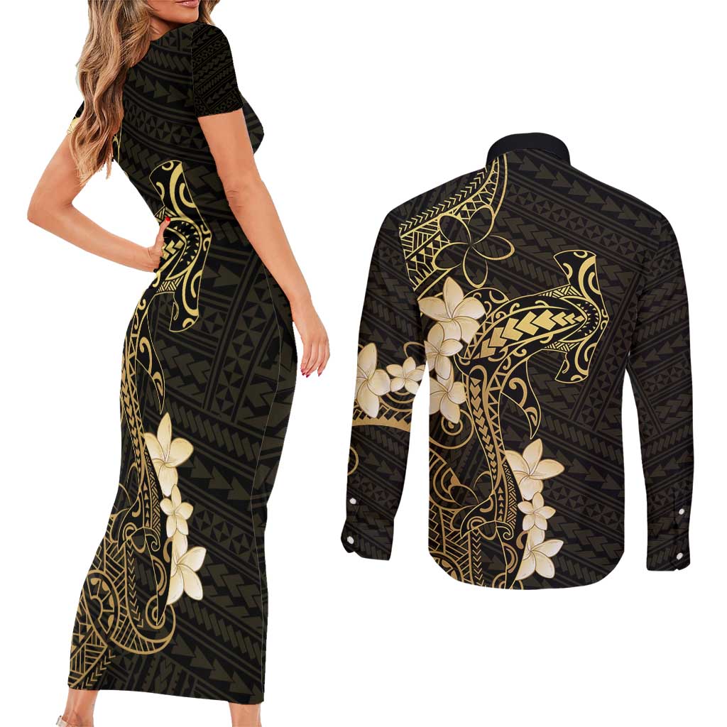 Black and Gold Hawaii Couples Matching Short Sleeve Bodycon Dress and Long Sleeve Button Shirt Hammerhead Shark Tattoo Curve Polynesian LT14 - Polynesian Pride