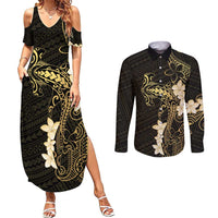 Black and Gold Hawaii Couples Matching Summer Maxi Dress and Long Sleeve Button Shirt Hammerhead Shark Tattoo Curve Polynesian LT14 Black - Polynesian Pride