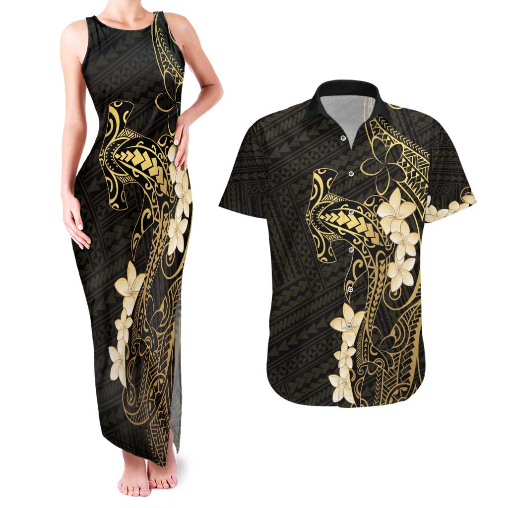 Black and Gold Hawaii Couples Matching Tank Maxi Dress and Hawaiian Shirt Hammerhead Shark Tattoo Curve Polynesian - Polynesian Pride