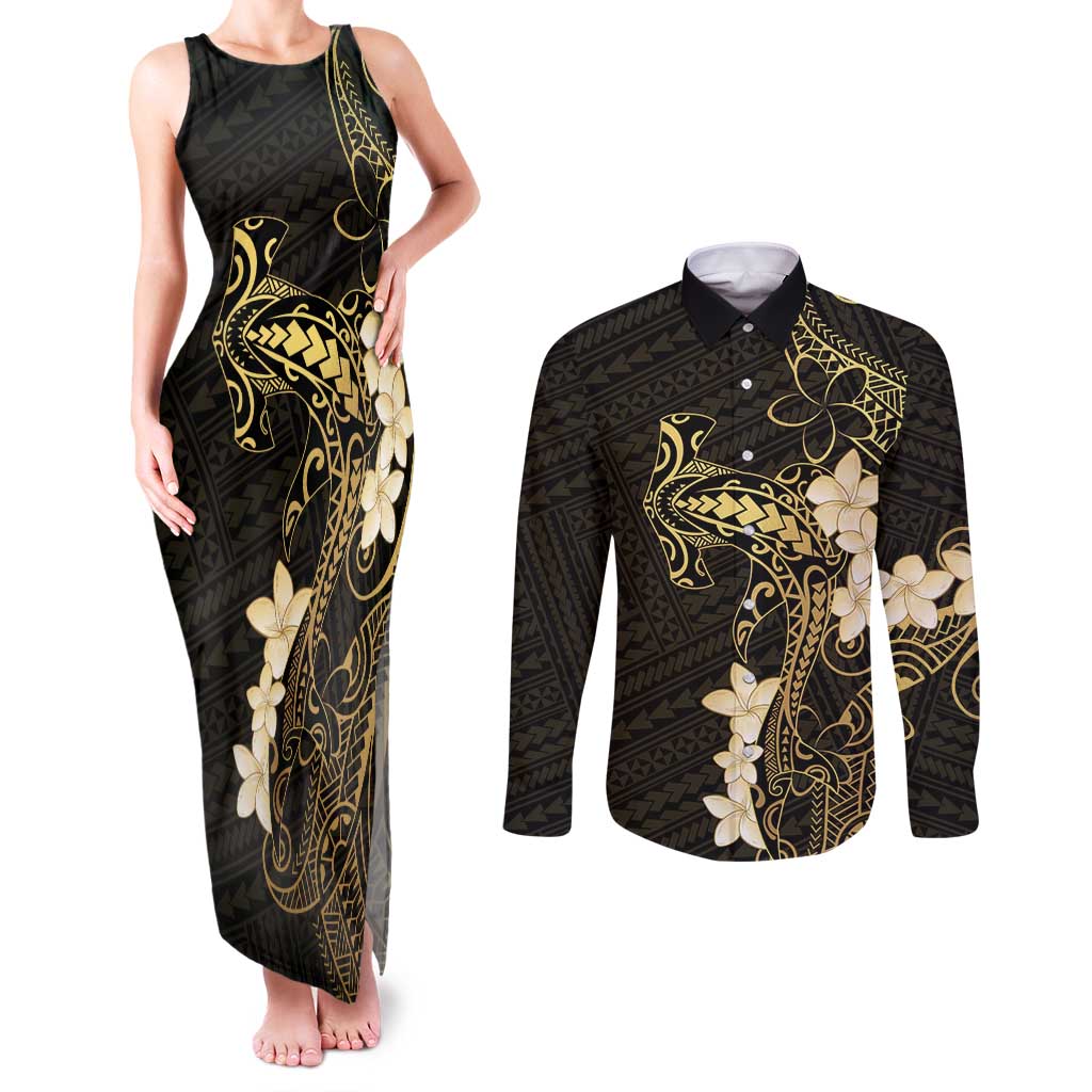 Black and Gold Hawaii Couples Matching Tank Maxi Dress and Long Sleeve Button Shirt Hammerhead Shark Tattoo Curve Polynesian LT14 Black - Polynesian Pride