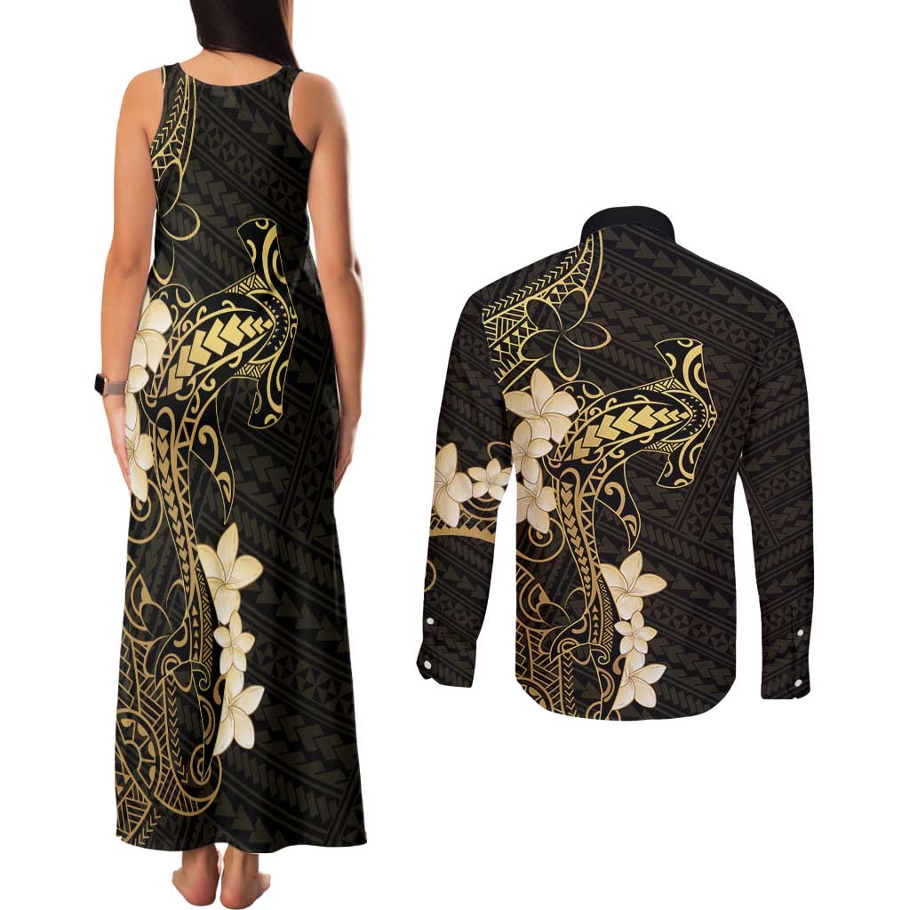 Black and Gold Hawaii Couples Matching Tank Maxi Dress and Long Sleeve Button Shirt Hammerhead Shark Tattoo Curve Polynesian LT14 - Polynesian Pride