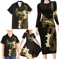 Black and Gold Hawaii Family Matching Long Sleeve Bodycon Dress and Hawaiian Shirt Hammerhead Shark Tattoo Curve Polynesian LT14 - Polynesian Pride