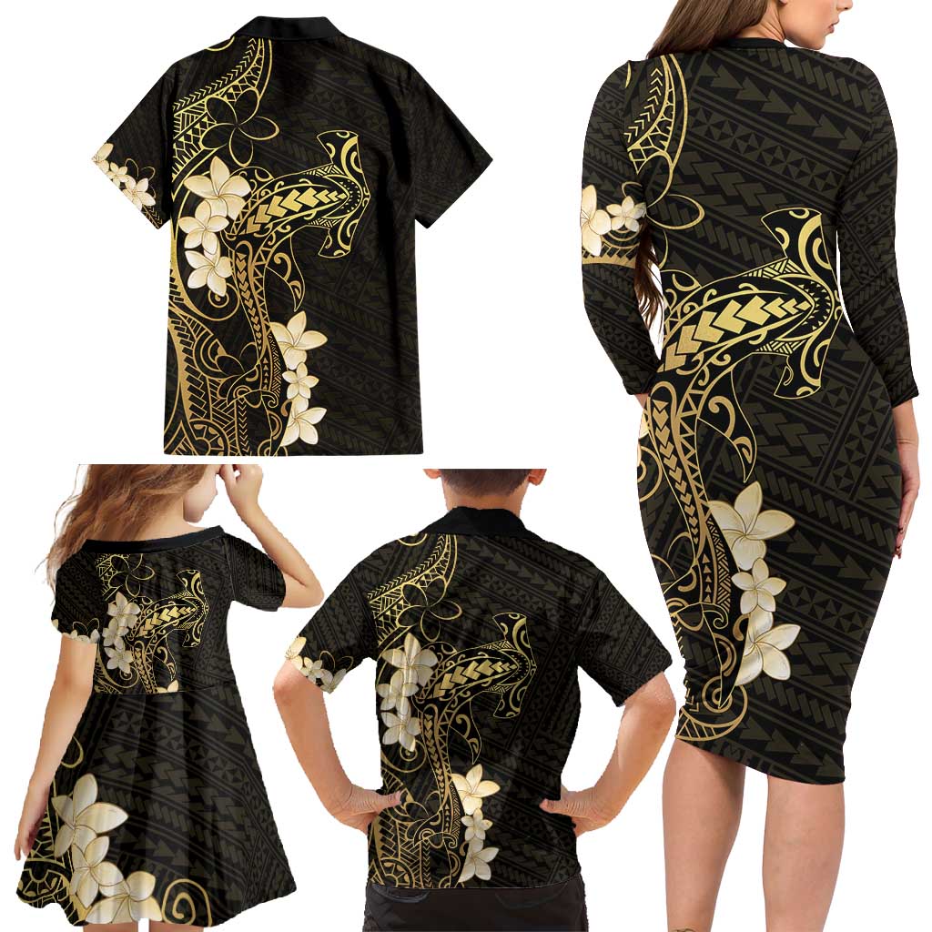 Black and Gold Hawaii Family Matching Long Sleeve Bodycon Dress and Hawaiian Shirt Hammerhead Shark Tattoo Curve Polynesian LT14 - Polynesian Pride