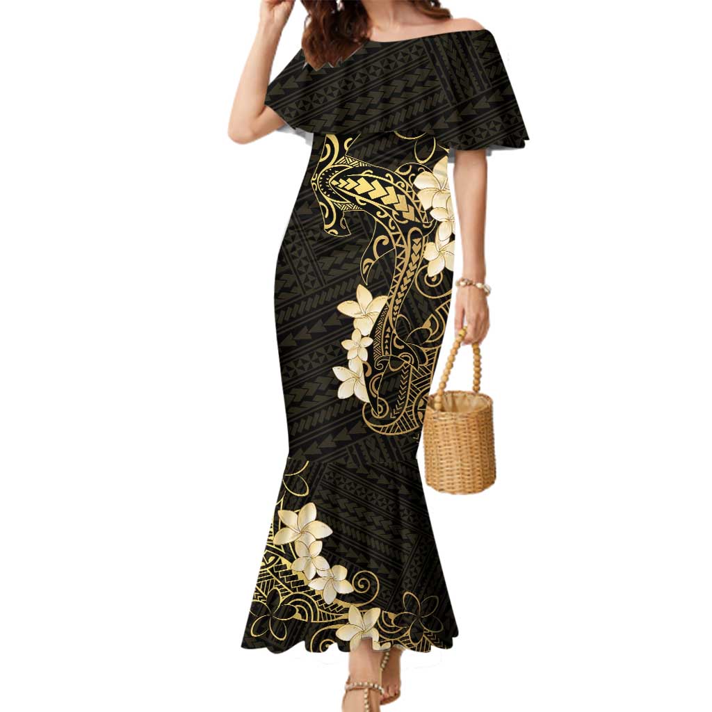Black and Gold Hawaii Family Matching Mermaid Dress and Hawaiian Shirt Hammerhead Shark Tattoo Curve Polynesian LT14 Mom's Dress Black - Polynesian Pride