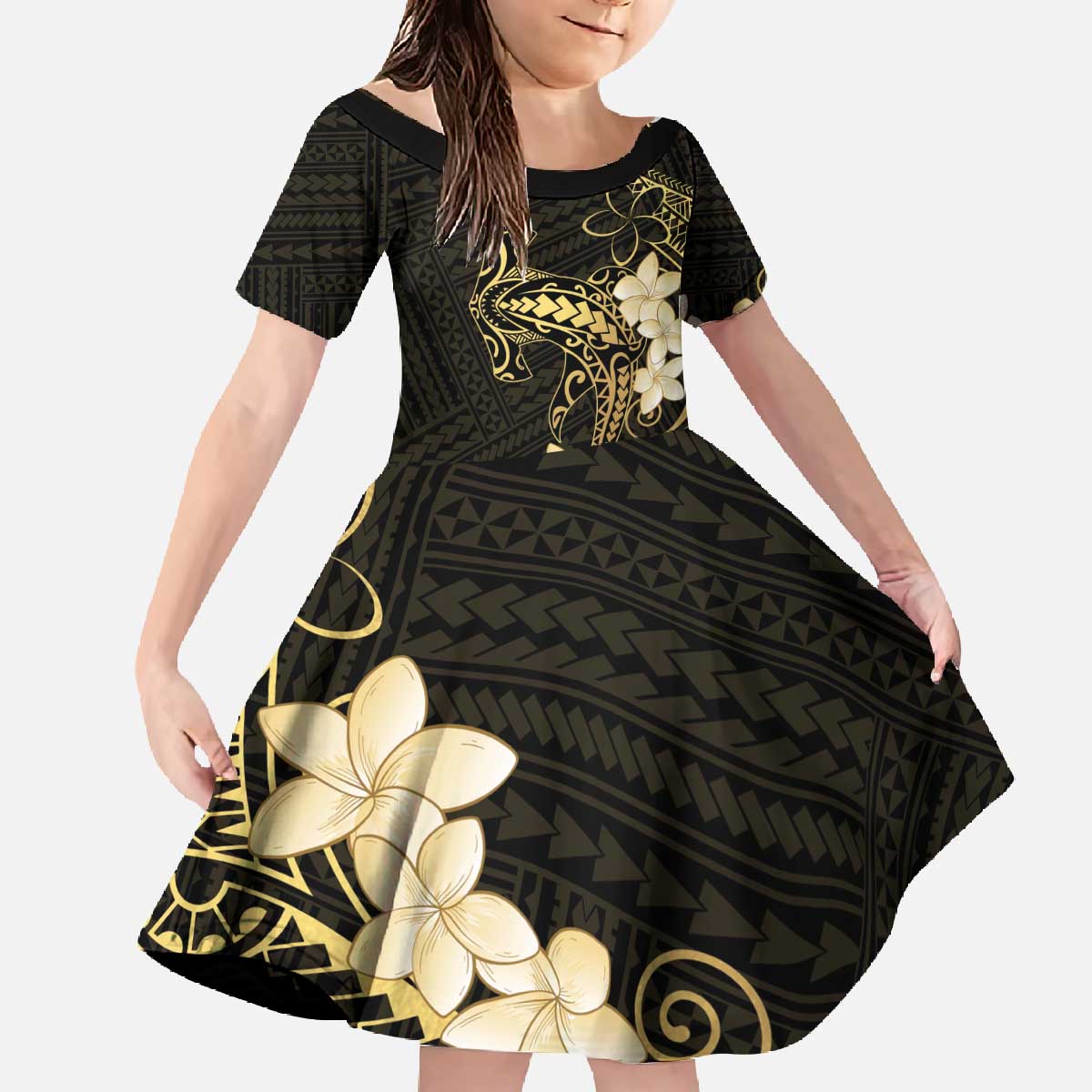 Black and Gold Hawaii Family Matching Off The Shoulder Long Sleeve Dress and Hawaiian Shirt Hammerhead Shark Tattoo Curve Polynesian LT14 Daughter's Dress Black - Polynesian Pride