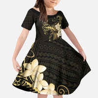 Black and Gold Hawaii Family Matching Off The Shoulder Long Sleeve Dress and Hawaiian Shirt Hammerhead Shark Tattoo Curve Polynesian LT14 Daughter's Dress Black - Polynesian Pride