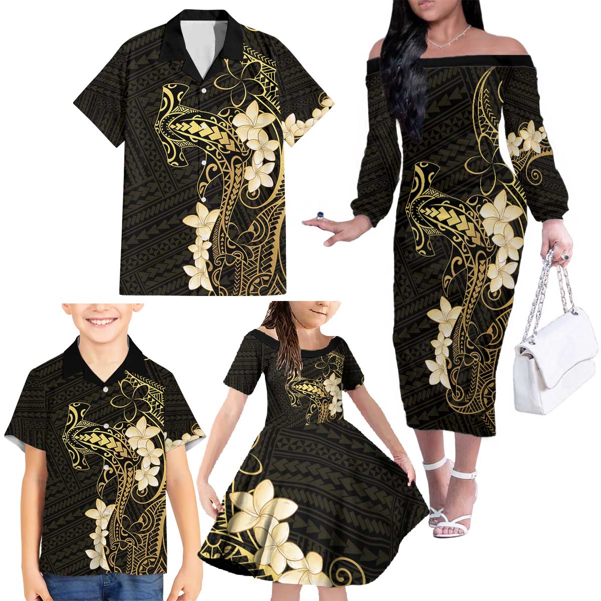 Black and Gold Hawaii Family Matching Off The Shoulder Long Sleeve Dress and Hawaiian Shirt Hammerhead Shark Tattoo Curve Polynesian LT14 - Polynesian Pride
