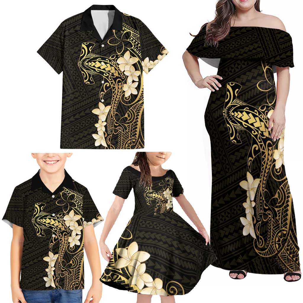 Black and Gold Hawaii Family Matching Off Shoulder Maxi Dress and Hawaiian Shirt Hammerhead Shark Tattoo Curve Polynesian LT14 - Polynesian Pride