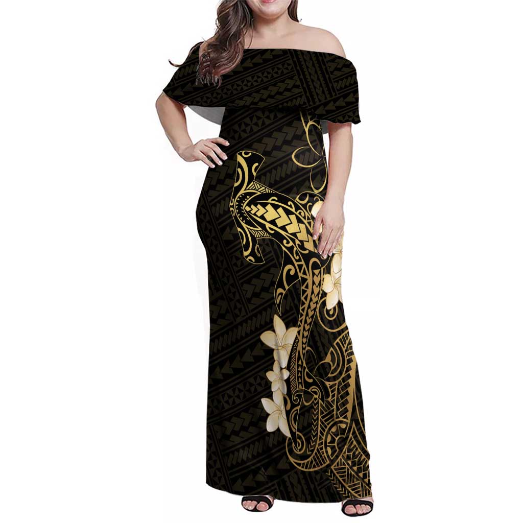 Black and Gold Hawaii Family Matching Off Shoulder Maxi Dress and Hawaiian Shirt Hammerhead Shark Tattoo Curve Polynesian LT14 Mom's Dress Black - Polynesian Pride