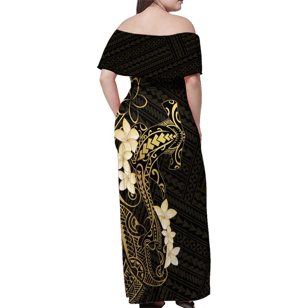 Black and Gold Hawaii Family Matching Off Shoulder Maxi Dress and Hawaiian Shirt Hammerhead Shark Tattoo Curve Polynesian LT14 - Polynesian Pride