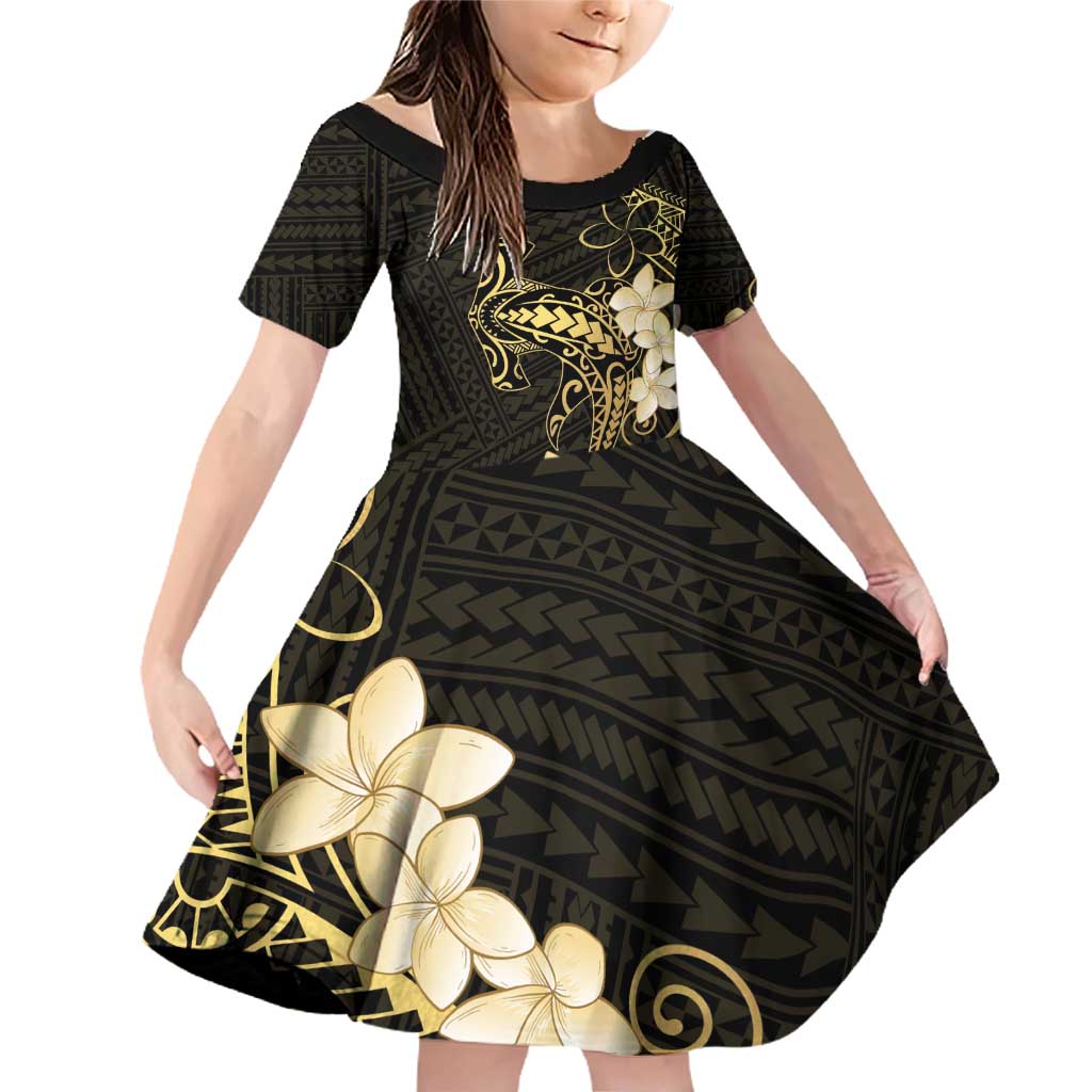 Black and Gold Hawaii Family Matching Off Shoulder Short Dress and Hawaiian Shirt Hammerhead Shark Tattoo Curve Polynesian LT14 Daughter's Dress Black - Polynesian Pride