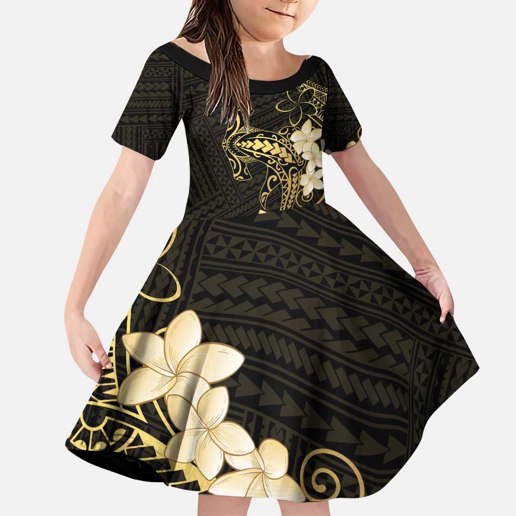 Black and Gold Hawaii Family Matching Puletasi and Hawaiian Shirt Hammerhead Shark Tattoo Curve Polynesian LT14 Daughter's Dress Black - Polynesian Pride