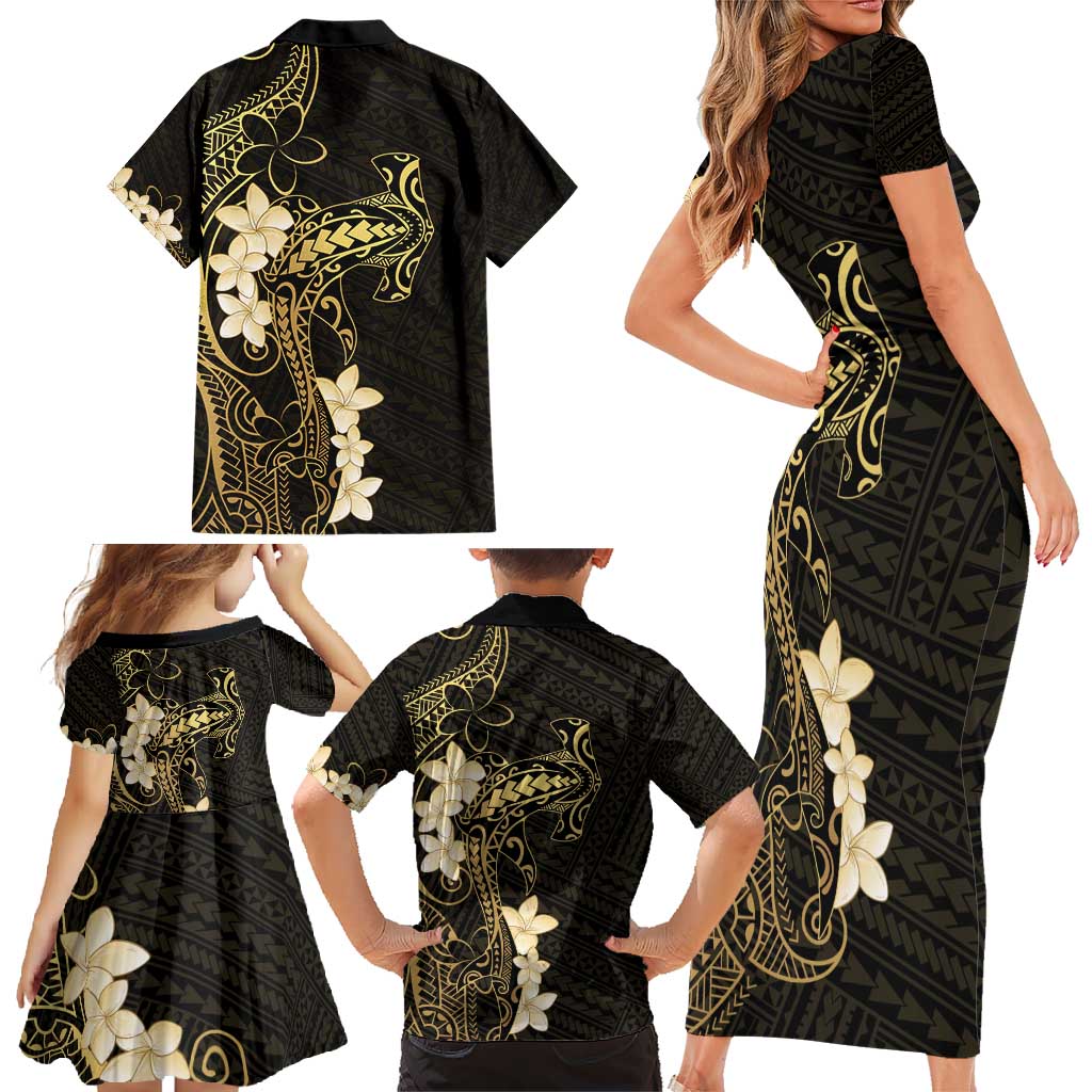 Black and Gold Hawaii Family Matching Short Sleeve Bodycon Dress and Hawaiian Shirt Hammerhead Shark Tattoo Curve Polynesian LT14 - Polynesian Pride