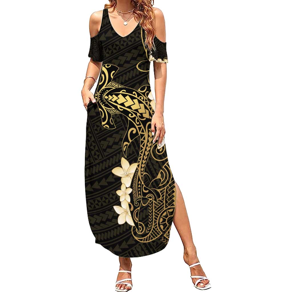 Black and Gold Hawaii Family Matching Summer Maxi Dress and Hawaiian Shirt Hammerhead Shark Tattoo Curve Polynesian LT14 Mom's Dress Black - Polynesian Pride