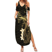 Black and Gold Hawaii Family Matching Summer Maxi Dress and Hawaiian Shirt Hammerhead Shark Tattoo Curve Polynesian LT14 Mom's Dress Black - Polynesian Pride