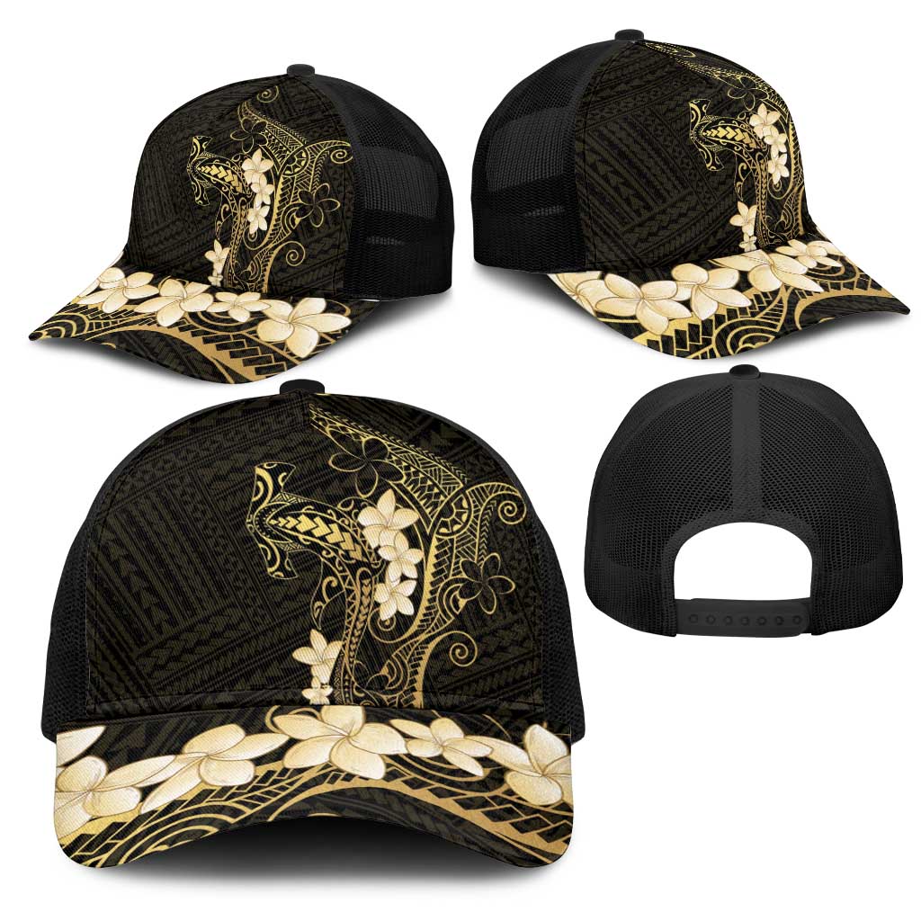 Black and Gold Hawaii Mesh Trucker Cap Hammerhead Shark Tattoo Curve Polynesian - Polynesian Pride