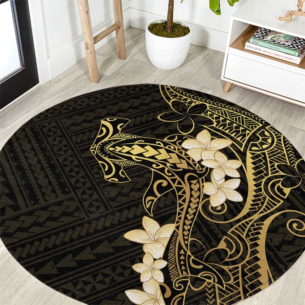 Black and Gold Hawaii Round Carpet Hammerhead Shark Tattoo Curve Polynesian LT14 Black - Polynesian Pride