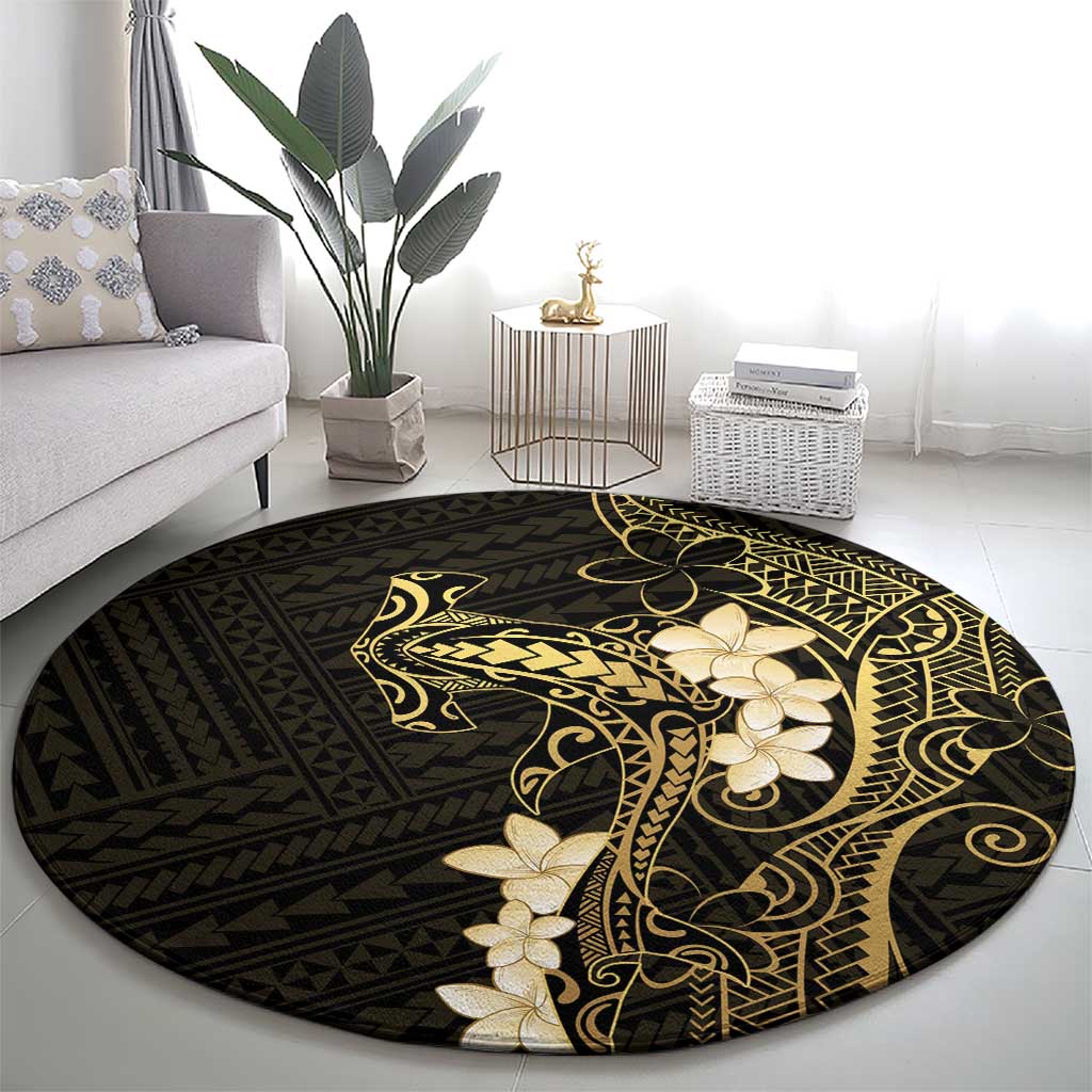 Black and Gold Hawaii Round Carpet Hammerhead Shark Tattoo Curve Polynesian LT14 - Polynesian Pride