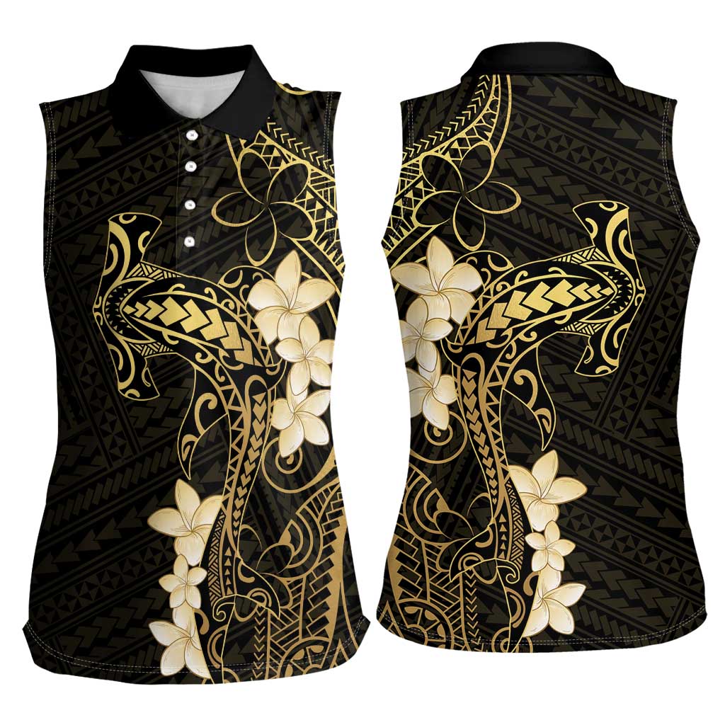 Black and Gold Hawaii Women Sleeveless Polo Shirt Hammerhead Shark Tattoo Curve Polynesian LT14 - Polynesian Pride