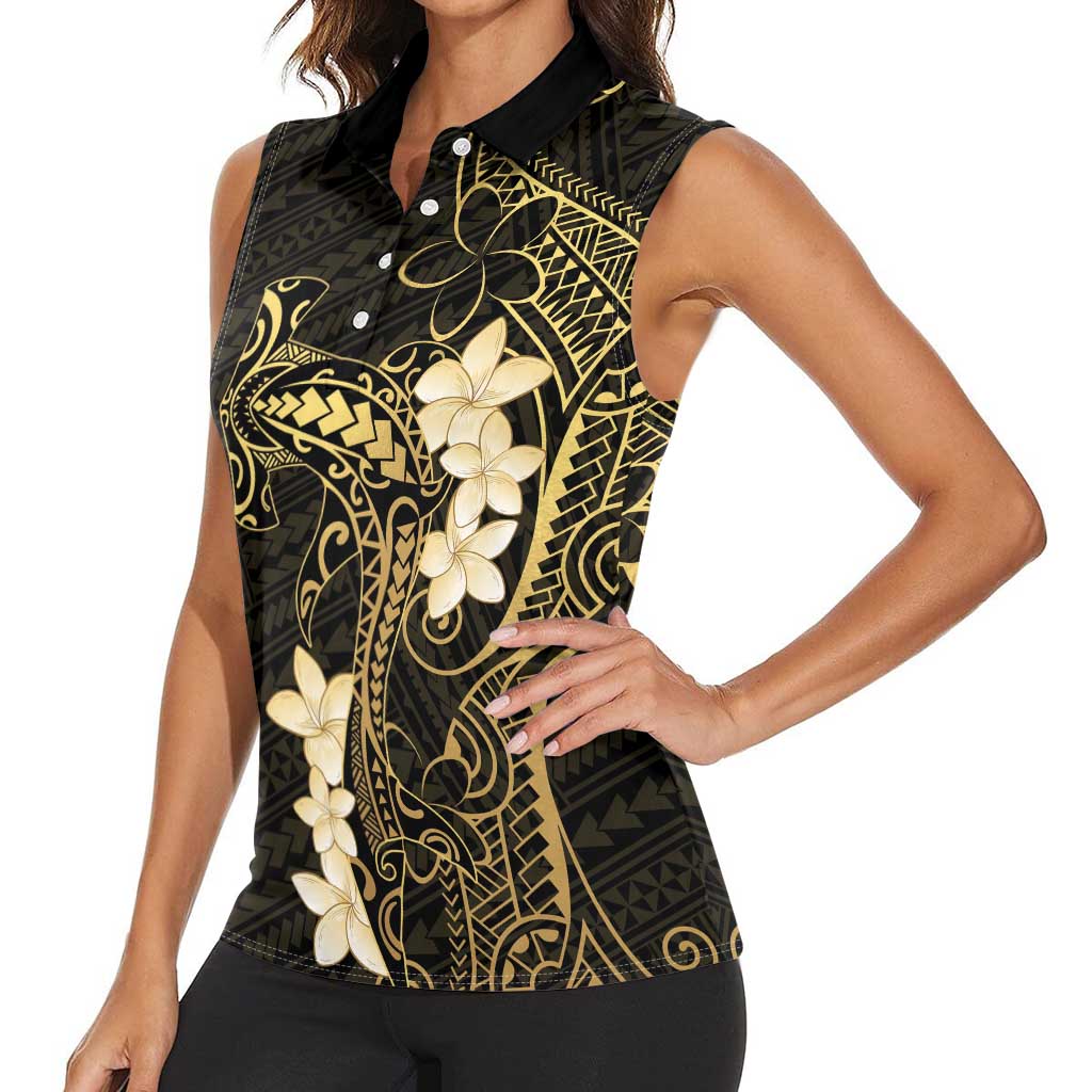 Black and Gold Hawaii Women Sleeveless Polo Shirt Hammerhead Shark Tattoo Curve Polynesian LT14 - Polynesian Pride