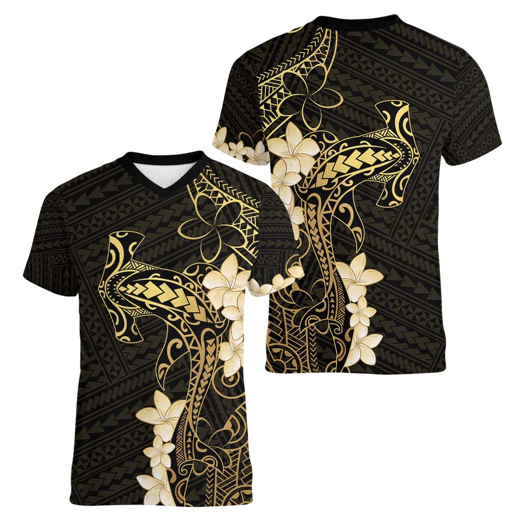 Black and Gold Hawaii Women V-Neck T-Shirt Hammerhead Shark Tattoo Curve Polynesian LT14 - Polynesian Pride