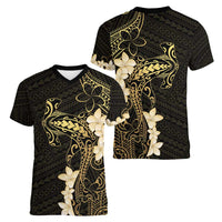 Black and Gold Hawaii Women V-Neck T-Shirt Hammerhead Shark Tattoo Curve Polynesian LT14 - Polynesian Pride