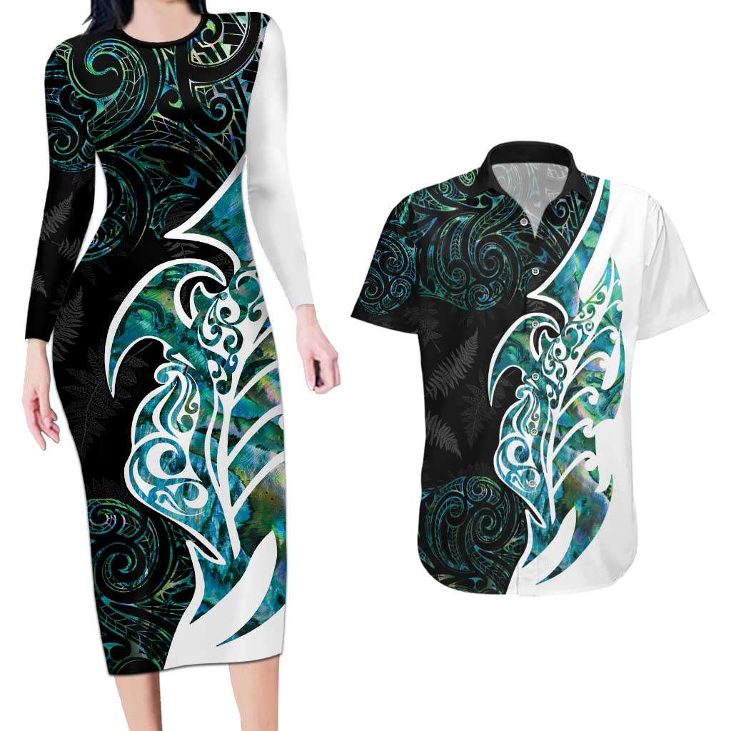 Proud Aotearoa Couples Matching Long Sleeve Bodycon Dress and Hawaiian Shirt Maori Silver Fern Mix Paua Shell Pattern LT14 Black - Polynesian Pride