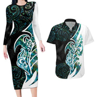 Proud Aotearoa Couples Matching Long Sleeve Bodycon Dress and Hawaiian Shirt Maori Silver Fern Mix Paua Shell Pattern LT14 Black - Polynesian Pride