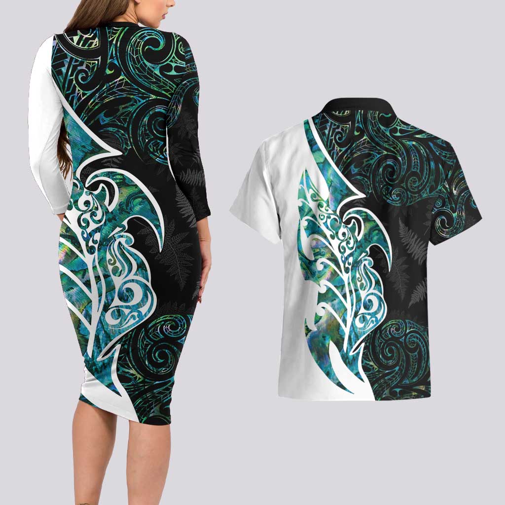 Proud Aotearoa Couples Matching Long Sleeve Bodycon Dress and Hawaiian Shirt Maori Silver Fern Mix Paua Shell Pattern LT14 - Polynesian Pride