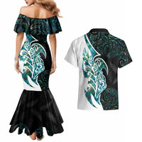 Proud Aotearoa Couples Matching Mermaid Dress and Hawaiian Shirt Maori Silver Fern Mix Paua Shell Pattern LT14 - Polynesian Pride