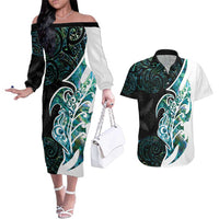 Proud Aotearoa Couples Matching Off The Shoulder Long Sleeve Dress and Hawaiian Shirt Maori Silver Fern Mix Paua Shell Pattern LT14 Black - Polynesian Pride