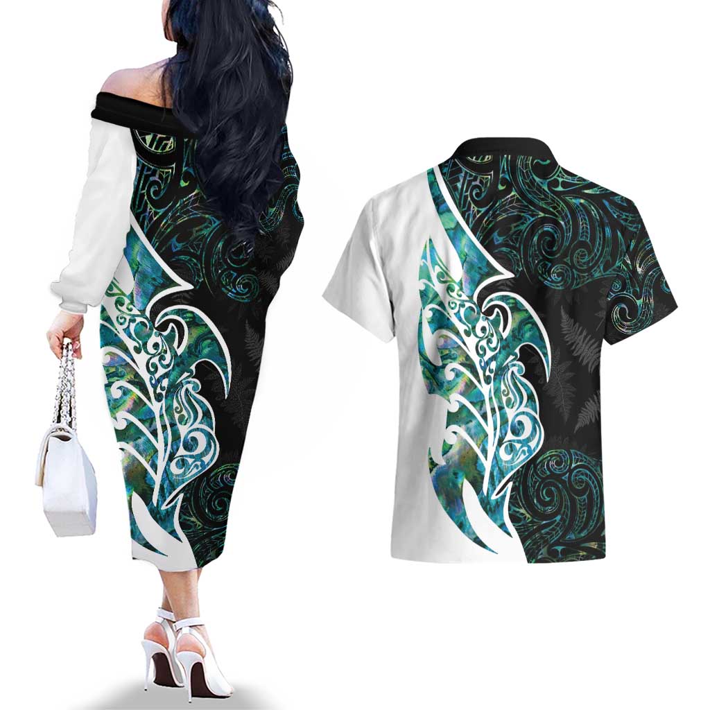 Proud Aotearoa Couples Matching Off The Shoulder Long Sleeve Dress and Hawaiian Shirt Maori Silver Fern Mix Paua Shell Pattern LT14 - Polynesian Pride