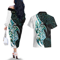 Proud Aotearoa Couples Matching Off The Shoulder Long Sleeve Dress and Hawaiian Shirt Maori Silver Fern Mix Paua Shell Pattern LT14 - Polynesian Pride